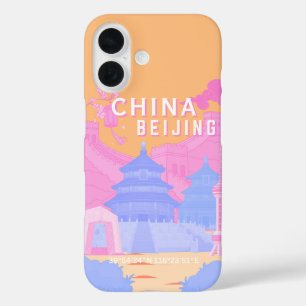 Coques iPhone 16 Affiche de voyage à Pékin Chine Pastel rose et b
