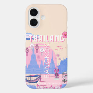 Coques iPhone 16 Affiche de voyage pastel bleu rose de Bangkok Thaï