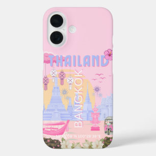 Coques iPhone 16 Affiche de voyage rose pastel bleu de Bangkok Thaï