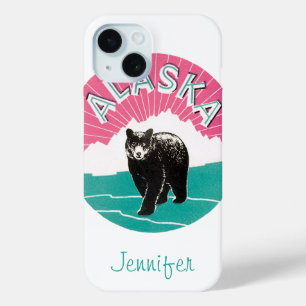 Coque Pour iPhone 15 Affiche de voyage vintage, ours noir d'Alaska dans