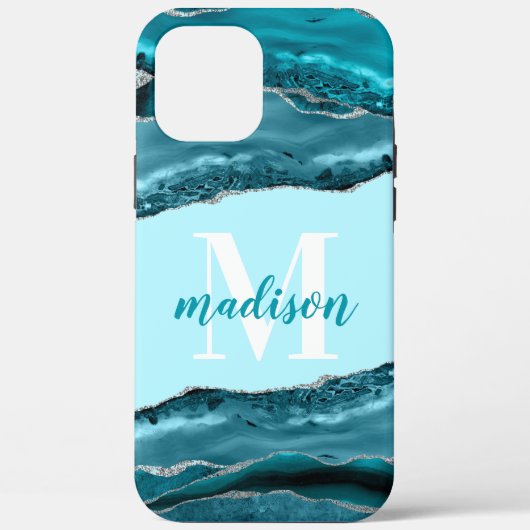 Coques Case-Mate iPhone Agate Bleu Turquoise avec Monogramme Paillettes d' (Verso)