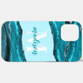 Coques Case-Mate iPhone Agate Bleu Turquoise avec Monogramme Paillettes d' (Verso (horizontal))