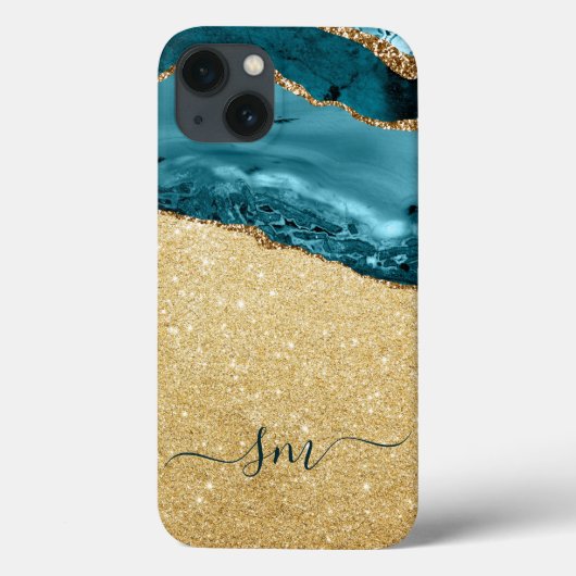 Coques Case-Mate iPhone Agate Bleu turquoise Monogramme Script Pierre Or (Verso)