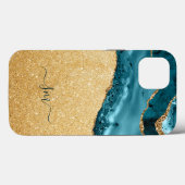Coques Case-Mate iPhone Agate Bleu turquoise Monogramme Script Pierre Or (Verso (horizontal))