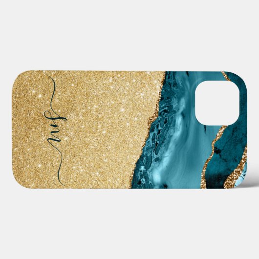 Coques Case-Mate iPhone Agate Bleu turquoise Monogramme Script Pierre Or (Verso (horizontal))