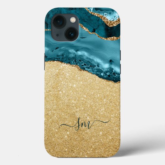 Coques Case-Mate iPhone Agate Bleu turquoise Monogramme Script Pierre Or (Verso)