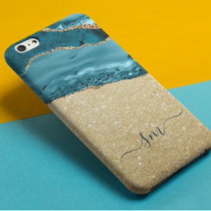 Case-Mate iPhone Case Agate Bleu turquoise Monogramme Script Pierre Or