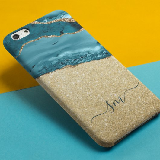 Coques Case-Mate iPhone Agate Bleu turquoise Monogramme Script Pierre Or