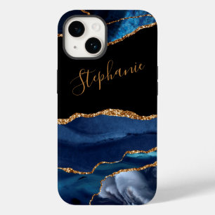 Coque Pour iPhone 14 Agate Blue Gold Parties scintillant Nom personnali