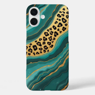 Coques iPhone 16 Plus Agate de léopard turquoise et d'or