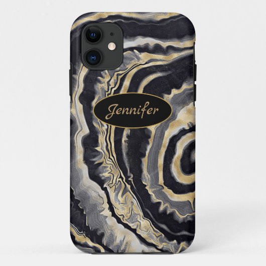 Coques Case-Mate iPhone Agate Moderne Noir & Cristal Doré Personnalisé (Dos)
