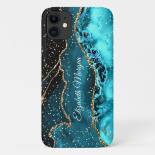 Case-Mate iPhone Case Agate sarcelle, noir et or, étoiles dorées et nom