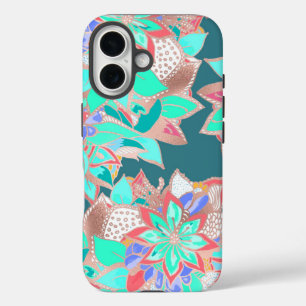 Coques iPhone 16 Agate vert corail vivant turquoise rose or fleuri 