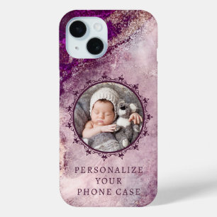 Coque Pour iPhone 15 Ajouter Photo & Texte Elegant Classy Marble violet