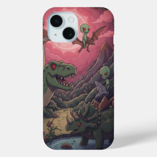 Coque Pour iPhone 15 Aliens et dinosaures sous des cieux cramoisis