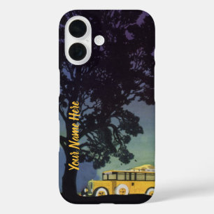 Coques iPhone 16 Allemagne vintage, bus jaune la nuit, art de voyag