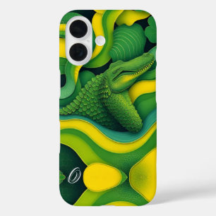 Coques iPhone 16 Alligator Crocodile Dragon Monogramme Vert Jaune
