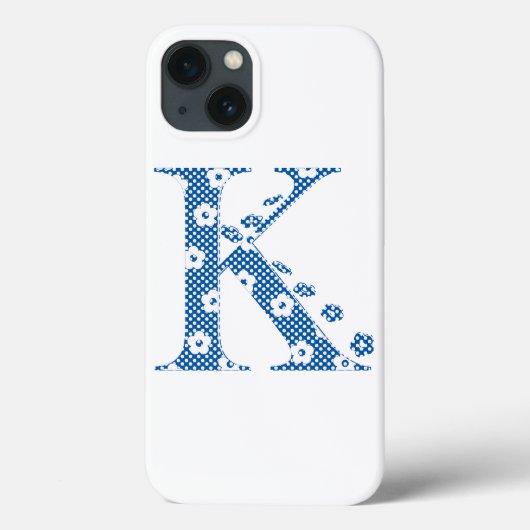 Coques Case-Mate iPhone alphabet fleuri K (bleu et points) (Verso)
