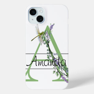 Coque iPhone 15 Mini Alphabet lettre A, aquarelle Lavender Dragonfly
