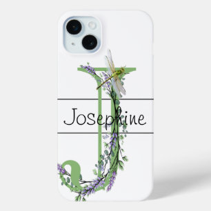 Coque iPhone 15 Mini Alphabet lettre J, aquarelle Lavender Dragonfly
