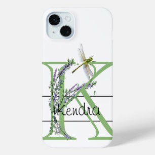 Coque iPhone 15 Mini Alphabet lettre K, aquarelle Lavender Dragonfly