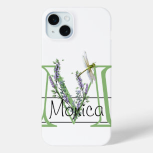 Coque iPhone 15 Mini Alphabet lettre M, aquarelle Lavender Dragonfly