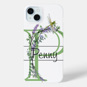 Coque iPhone 15 Mini Alphabet lettre P, aquarelle Lavender Dragonfly