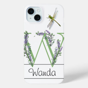 Coque iPhone 15 Mini Alphabet lettre W, aquarelle Lavender Dragonfly