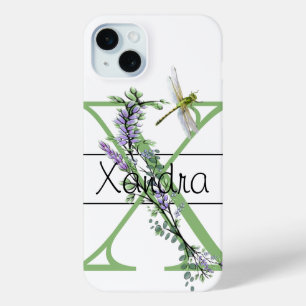Coque iPhone 15 Mini Alphabet lettre X, aquarelle Lavender Dragonfly