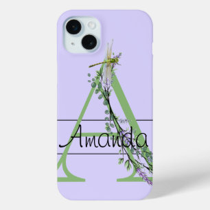 Coque iPhone 15 Mini alphabet monogramme A Lavender Eucalyptus Dragonfl