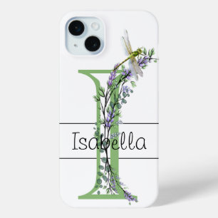 Coque iPhone 15 Mini alphabet monogramme I Lavender Eucalyptus Dragonfl