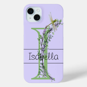 Coque iPhone 15 Mini alphabet monogramme I Lavender Eucalyptus Dragonfl