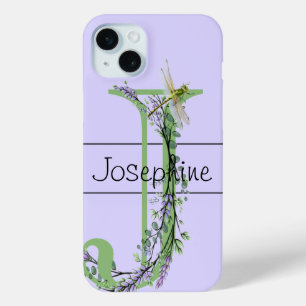 Coque iPhone 15 Mini alphabet monogramme J Lavender Eucalyptus Dragonfl