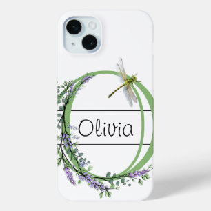 Coque iPhone 15 Mini alphabet monogramme O Lavender Eucalyptus Dragonfl