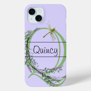 Coque iPhone 15 Mini alphabet monogramme Q Lavender Eucalyptus Dragonfl