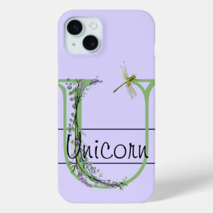Coque iPhone 15 Mini alphabet monogramme U Lavender Eucalyptus Dragonfl