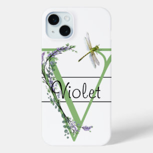 Coque iPhone 15 Mini alphabet monogramme V Lavender Eucalyptus Dragonfl