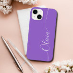 Coque Pour iPhone 14 Améthyste blanc Élégant Calligraphie Nom du script<br><div class="desc">Amethyst Elegant White Calligraphy Script Personnalisé Nom iPhone 14 Smart Phone Boîtes dispose d'un design moderne et tendance simple et élégant avec votre nom personnalisé dans élégante calligraphie manuscrite typographie de script sur un arrière - plan améthyste. Conçu par ©Evco Studio www.zazzle.com/store/evcostudio</div>