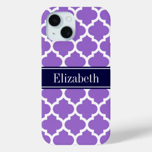 Coque Pour iPhone 15 Améthyste Blanc Marocain #5 Monogramme Nom Bleu Ma