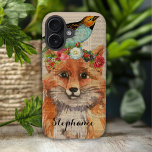 Coques iPhone 16 Amis floral Foxy aquarelle Nom personnalisé<br><div class="desc">Aquarelle Foxy Floral Friends Personnalisé Nom iPhone 16 Coque présente une aquarelle moderne branchée d'un renard portant une couronne florale avec un oiseau sur la tête. Personnalisez avec votre nom ci-dessous. Créé par Evco Studio www.zazzle.com/store/evcostudio</div>