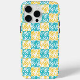 Coque iPhone 15 Pro Max Amour à carreaux en turquoise, jaune et blanc