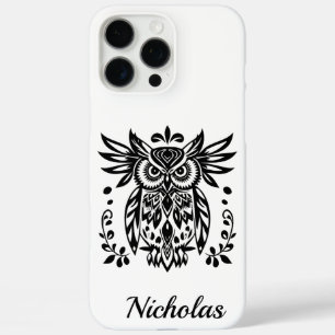 Coques iPhone 16 Pro Max Amoureux de hiboux Bois rustique Noir Blanc Bohème