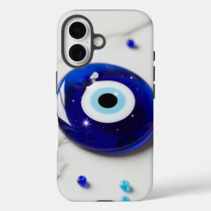 Coques iPhone 16 Amulette du Mauvais Œil Bleu sur une surface de ma