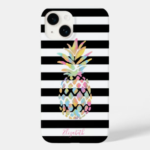 Coque Pour iPhone 14 Ananas coloré, rayures blanches noires