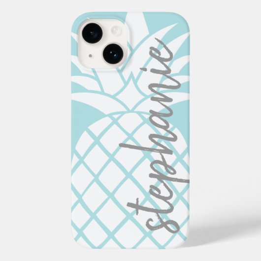 Coques Case-Mate iPhone Ananas tendance Pastel bleu et blanc avec nom (Verso)