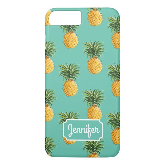 Coques Case-Mate iPhone Ananas Tropical Sur Turquoise| Ajouter votre nom (Dos)