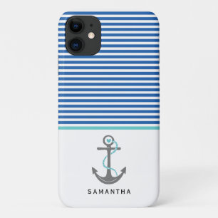 Case-Mate iPhone Case Ancrage gris et bleu, rayures blanches aqua nautiq