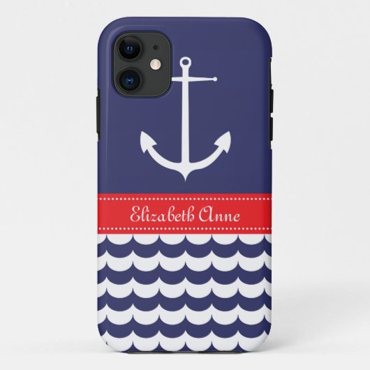 Coques Case-Mate iPhone Ancre avec des vagues et nom fait sur commande en (Dos)