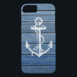 Coques Pour iPhone Ancre blanche et bois bleu vintage<br><div class="desc">Une ancre et un cru blancs se sont fanés les panneaux en bois bleus. Une conception populaire sur l'arrière - plan en bois de texture. Le cadeau unique parfait pour chaque occasion</div>