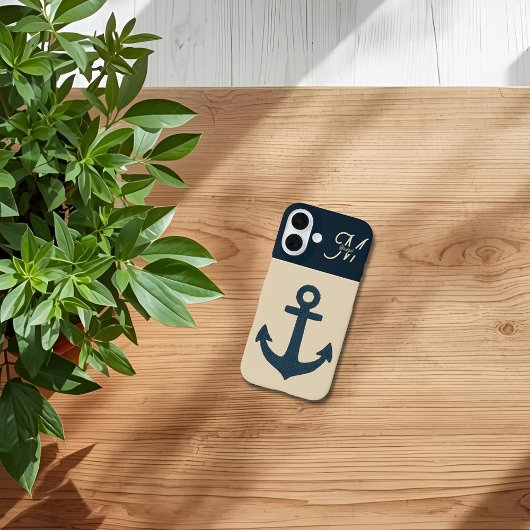 Coques Case-Mate iPhone Ancre bleu marine avec Monogram Beige Coastal